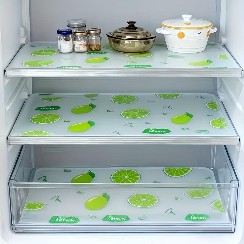 4pcs Waterproof Refrigerator Liner Set Moisture Proof Non Slip Washable Reusable EVA Mat Lemon Pattern Drawer Cabinet Shelf Liner for Kitchen Use