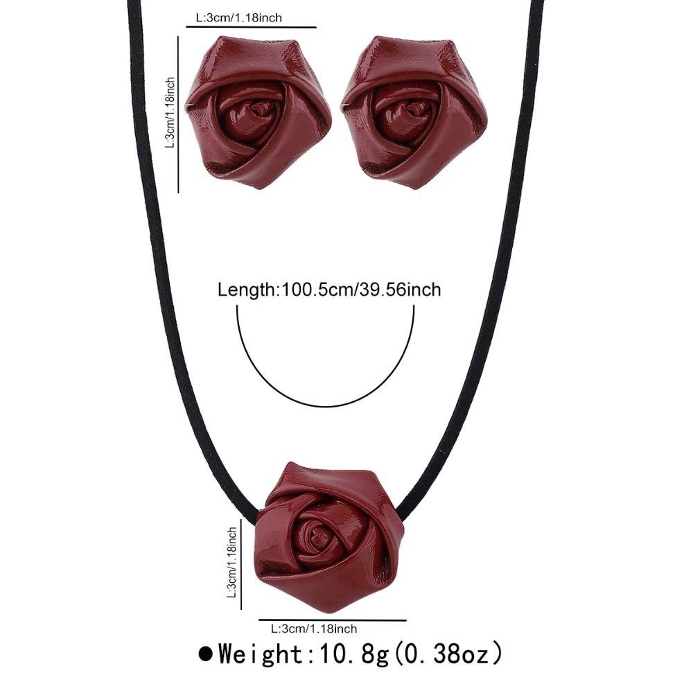Retro Style Rose Flower Necklace PU Leather Flower Stud Earrings Adjustable Rope Choker  Women