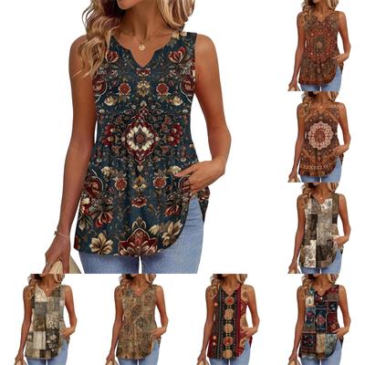 Women's Fashionable New Retro Floral Textured V-neck Loose Casual Flowy Sleeveless Vest Top