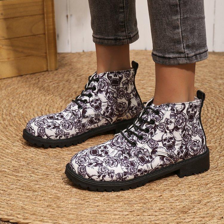Große Größe Halloween-Muster niedriger Schaft Mode Stiefel Herbst und Winter neue Plateau Damenstiefel