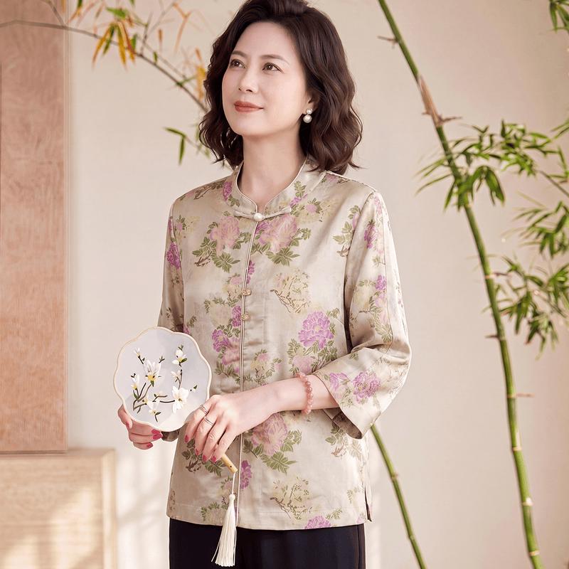 Yuzhaolin Mid-Aged Women s New Chinese Style Stand Collar Blouse 3XL