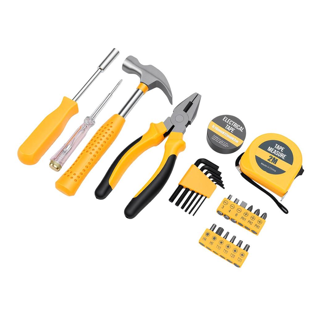 24 Piece Hand Repair Tool Kit Non Slip Handle Pliers Hex Wrenches Short Screwdriver Bits Tape Measure for Home Use