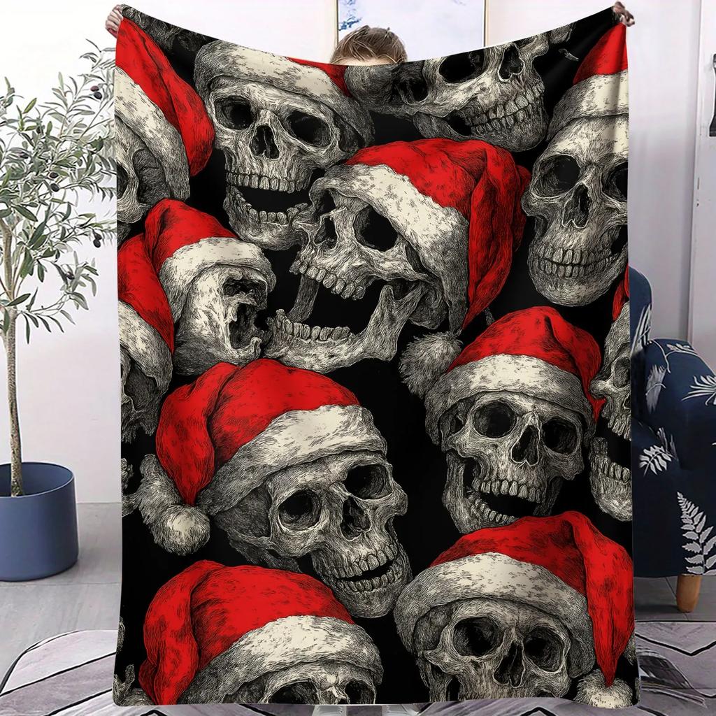 Gothic Christmas Skull Nap Blanket, Santa Hat Skull Air Conditioning Blanket for Home Decor, Soft Alternative Christmas Blanket