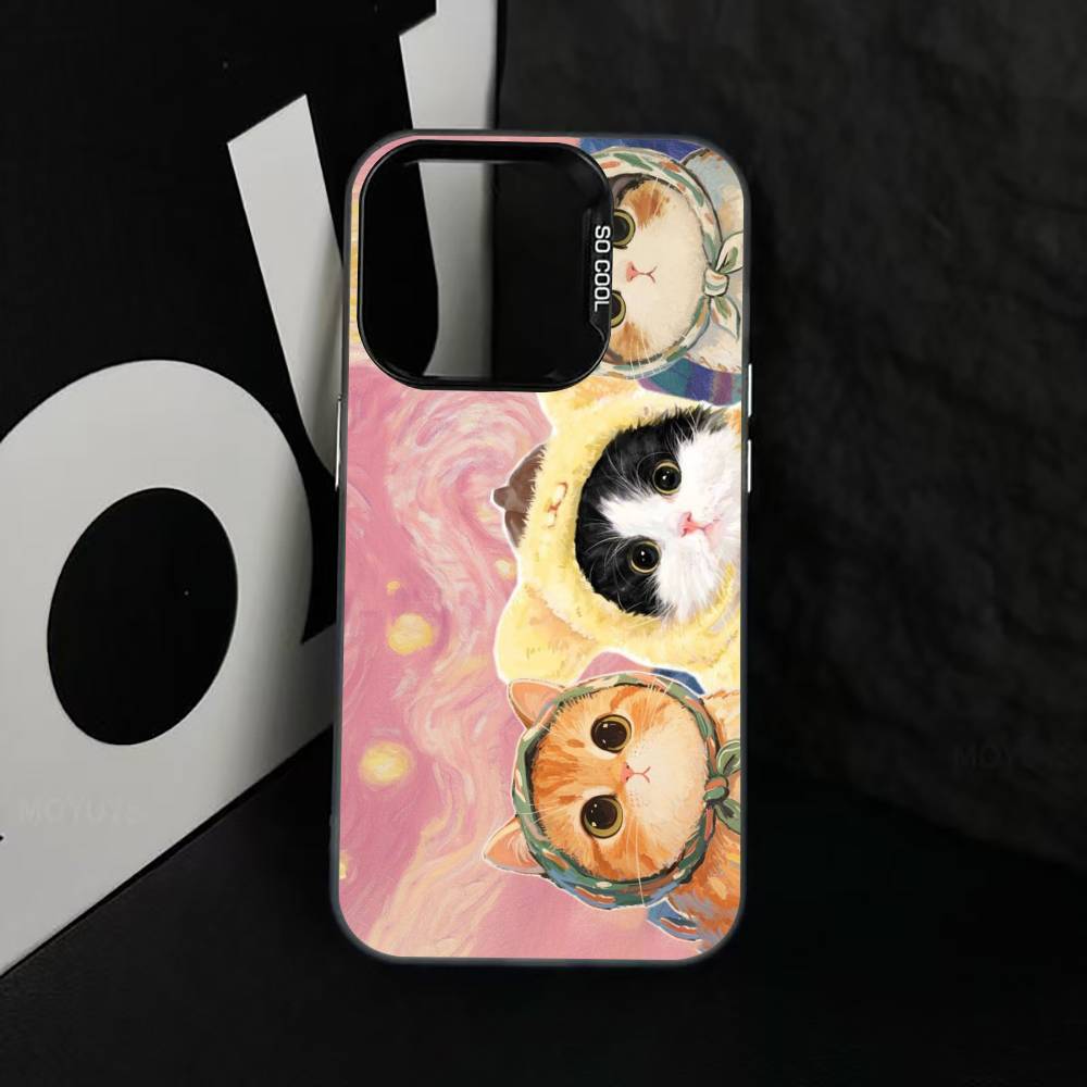

Pink Oil Painting Style Cat Phone Case For iPhone 17,16,15,14,13,12,11 Plus,Pro Max,XS,Colored Silver Plated Inside Cover iPhone13PROMAX