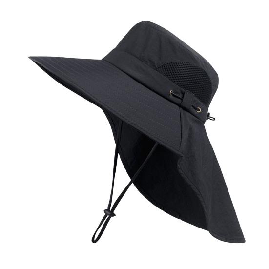Mountaineering Sun Hat with Adjustable Windproof Rope Breathable Mesh Wide Brim Sun Hat UV чёрный