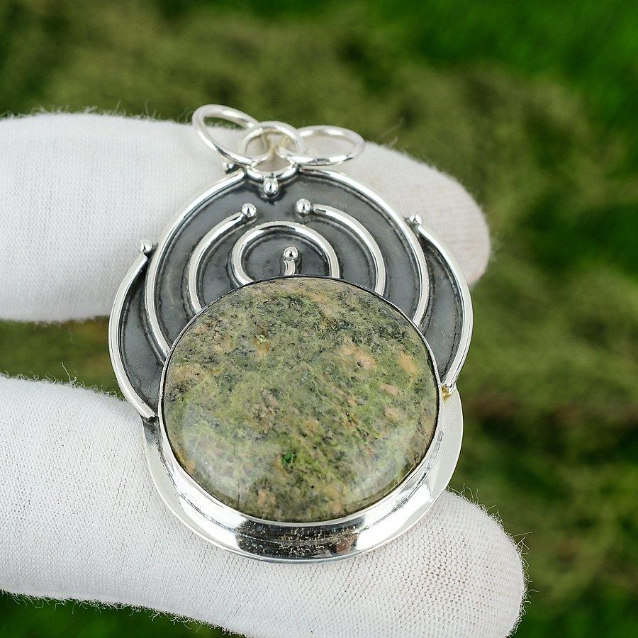 Round Unakite Gemstone Bezel Mother Unique New Pendant Jewelry Sterling Silver