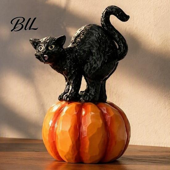 Seasonal Festive Atmosphere Props Halloween Black Cat Pumpkin Ornament, Vintage Wood Carving Style Retro Decor Resin Figurine, Spooky Tabletop