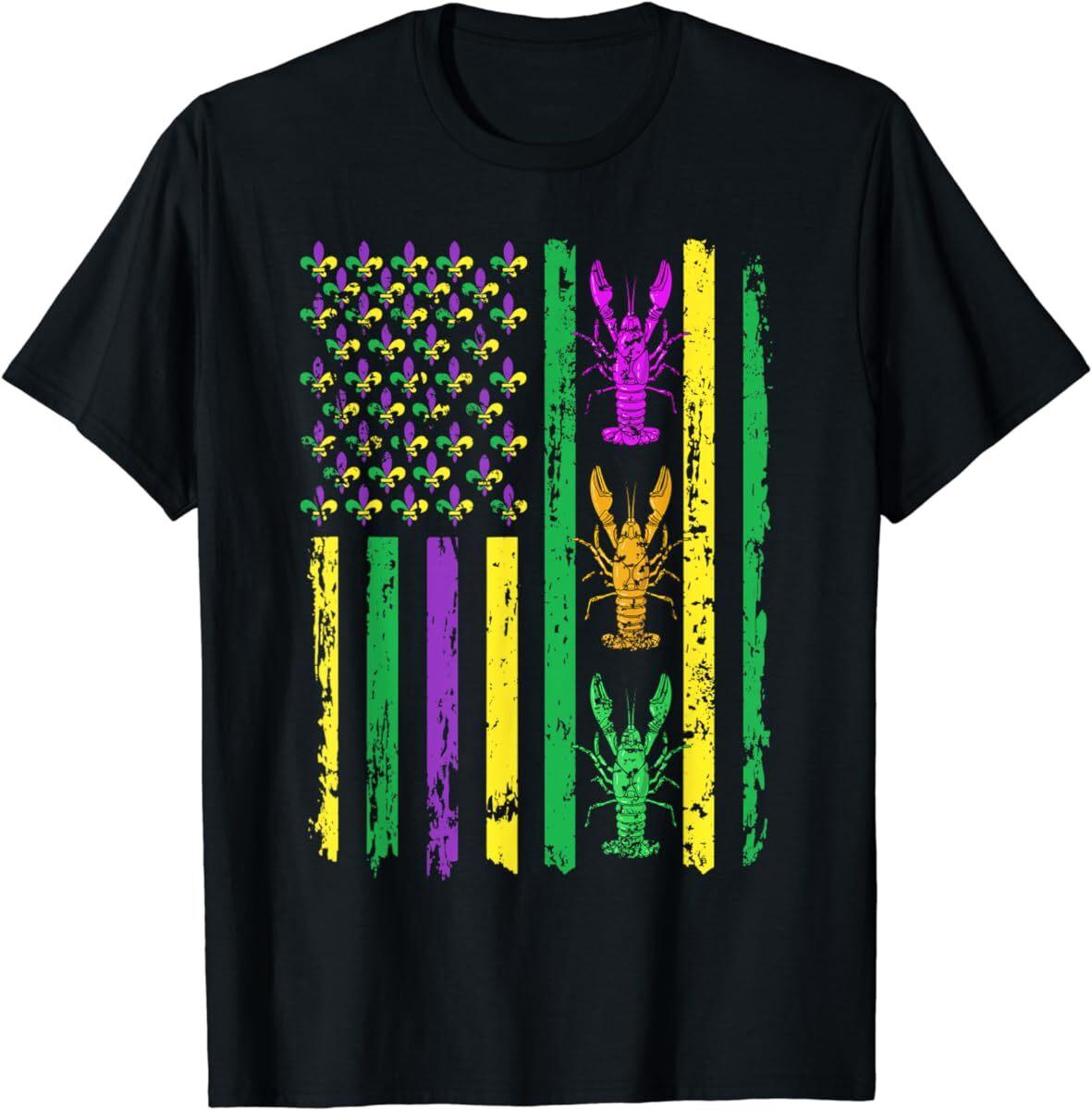 Carnival Mardi Gras USA American Flag Crawfish Parade Outfit T Shirt Mens Womens Tees Top Men Women S
