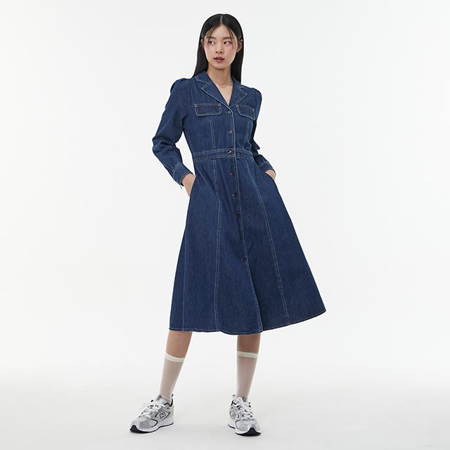 LAP Open Collar Pocket Line Long Denim Dress Aq1Do261