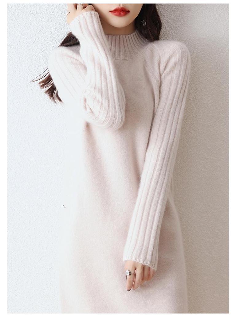 Damska sukienka dzianinowa w stylu koreańskim, dopasowana, 100% wełna - Półwysoki dekolt, pogrubiona na jesień/zimę