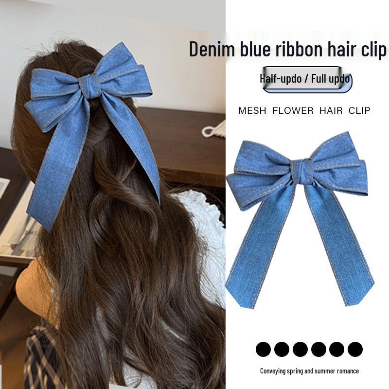 Korean Style Denim Bow Hair Clip - High-End, Large Duckbill for Back of Head, Sweet Ribbon Design
