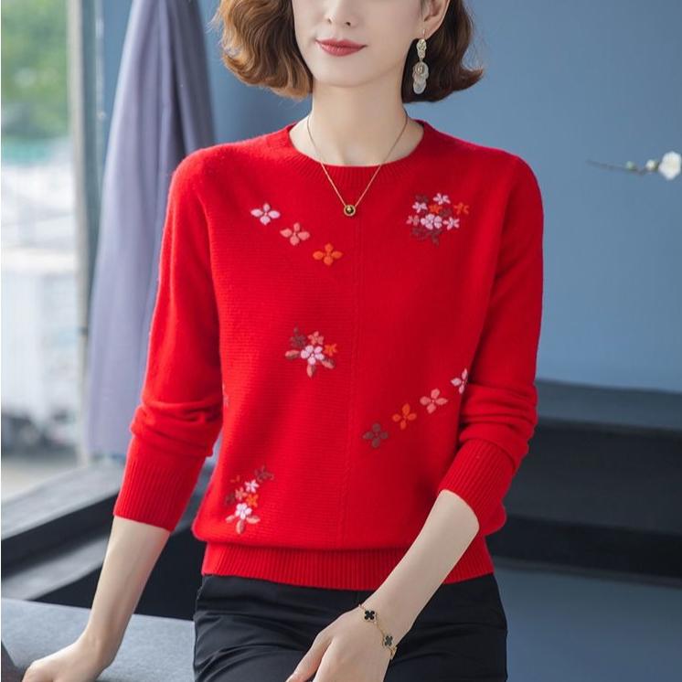 Women's Crew Neck Sweater Embroidered Loose Pullover Knitwear Soft Stretch Knit Top Spring Autumn