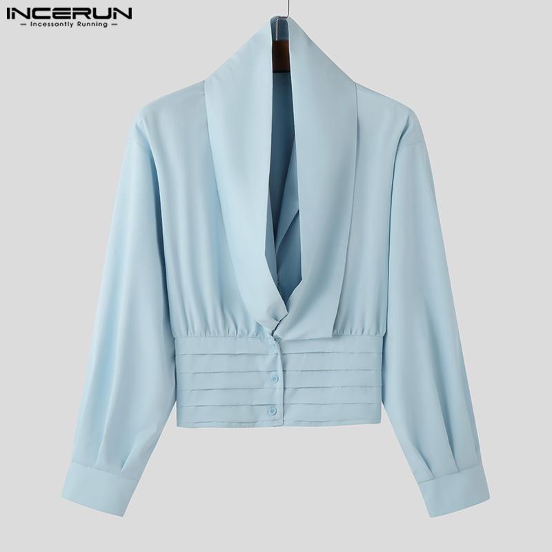 INCERUN Men Swing Collar Long Sleeve Slim Shirts Casual Solid Short Tops
