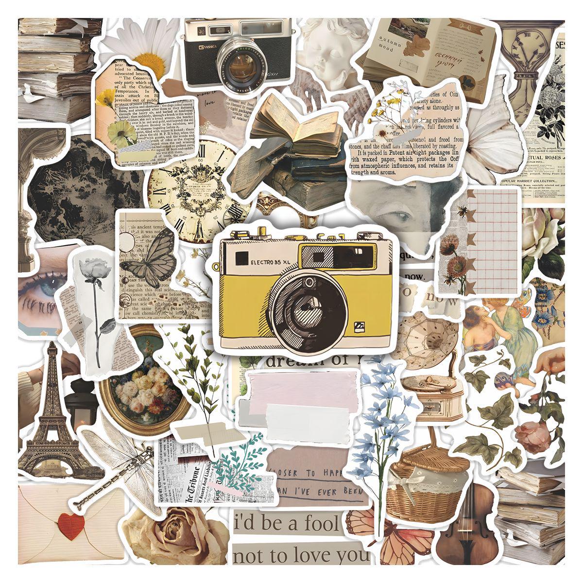 50 Retro Camera, Butterfly, Plant & Book Stickers - Waterproof Journal Decoration No
