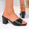 Fashion Elegant Ladies Solid Beige Cross Strap Sandals Summer 2025 Square Toe High Heels Slides Women Pu Leather Plus Size Mules Slipper