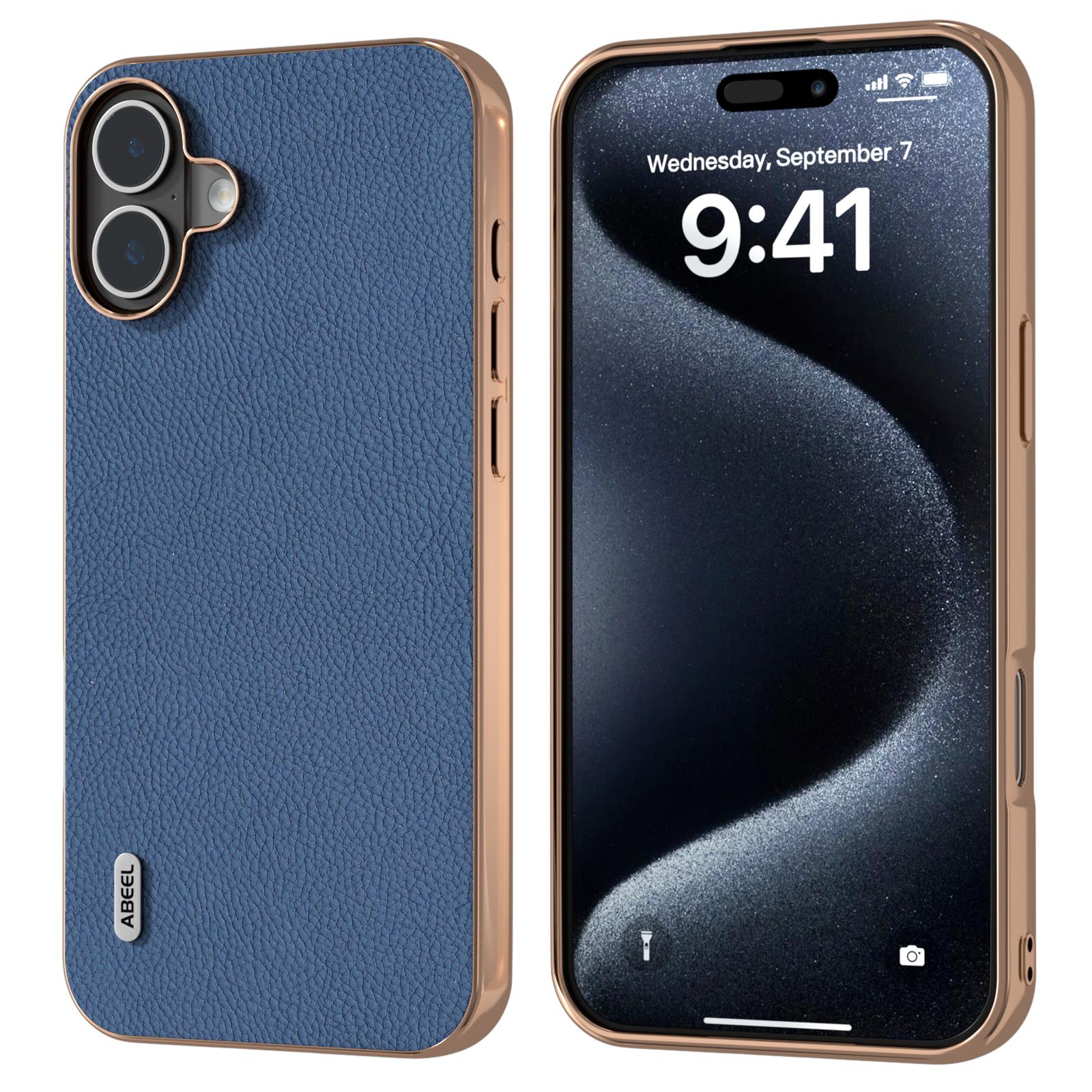 ABEEL For iPhone 16 Case Electroplating Phone Cover Horizon Series Genuine Cow Leather+TPU Protective Case D