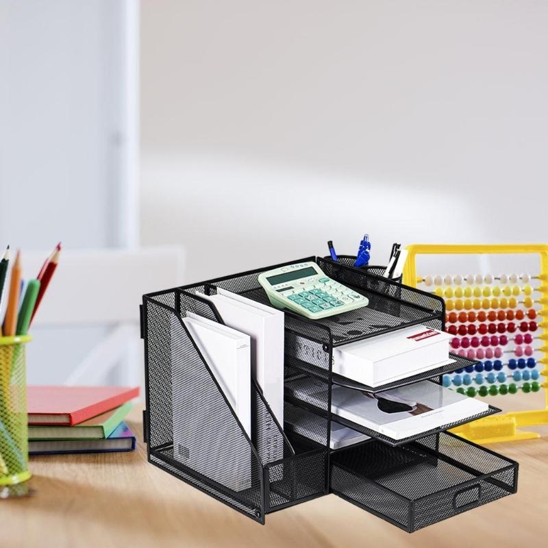 5-Tiered Metal File Letter Tray with Magazine Stand Multifunctional Desk Document Organiser For Office School Supplies