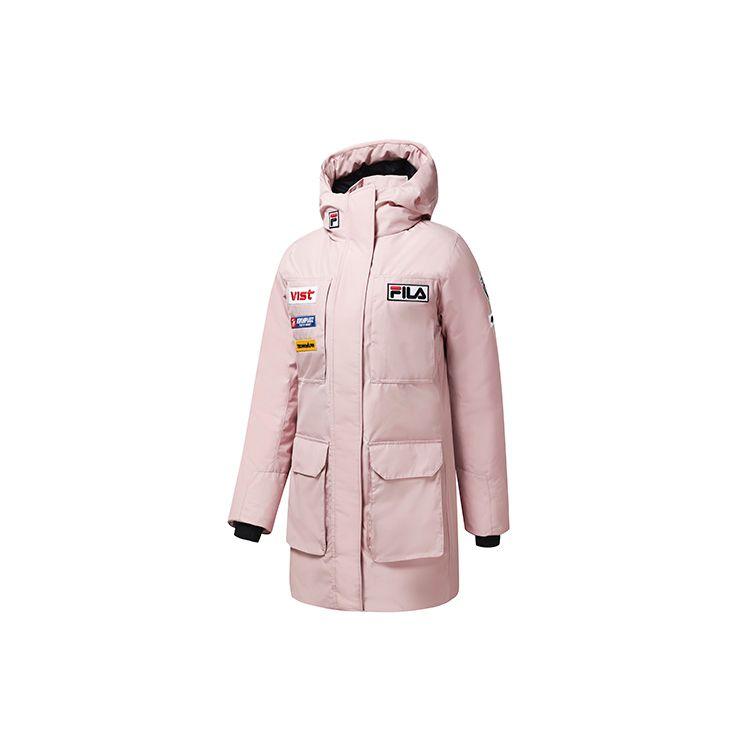 

FILA Solid Color Letter Embroidery Hooded Windproof Warm Goose Down Mid-Length Down Jacket Women outerwear Tea-Plum-Pink A11W246910F-PK XL