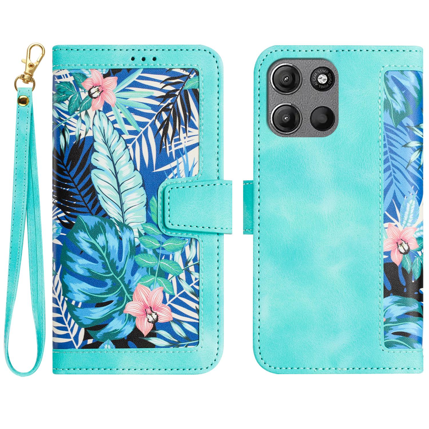 

For Motorola Moto G15 4G Case PU Leather Floral Phone Cover with Card Slots Green