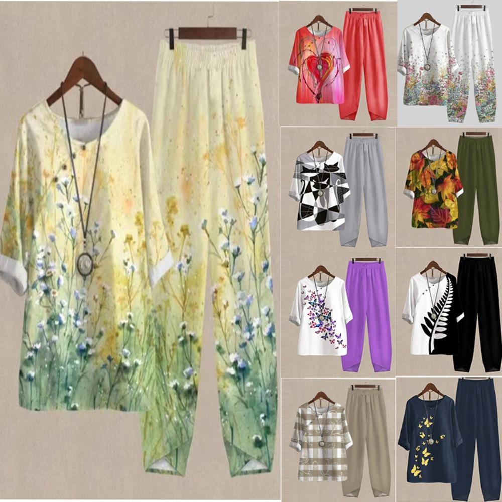 Women's Casual Two-Piece Floral Print Outfit Five-Point Sleeve Tops and Elastic Waist Pants Set