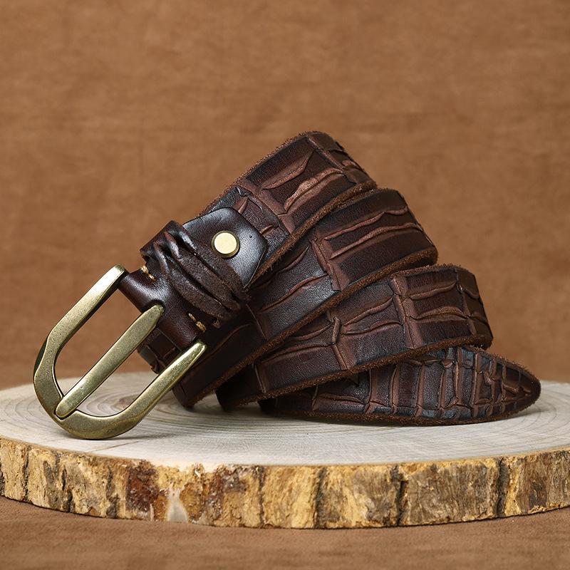 Personality Trend Knife Mark Thickened First Layer Cowhide Belt Men'S Genuine Leather Pin Buckle Retro Ins Style Old Jeans Belt