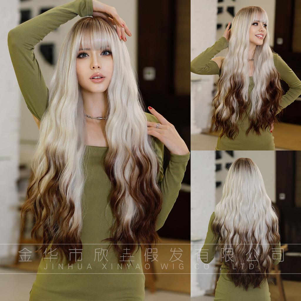 Attention To Ordering European American Wigs Women's Long Curly Hair With Big Waves Silver White Tail Dyed Brown Ombre Blonde