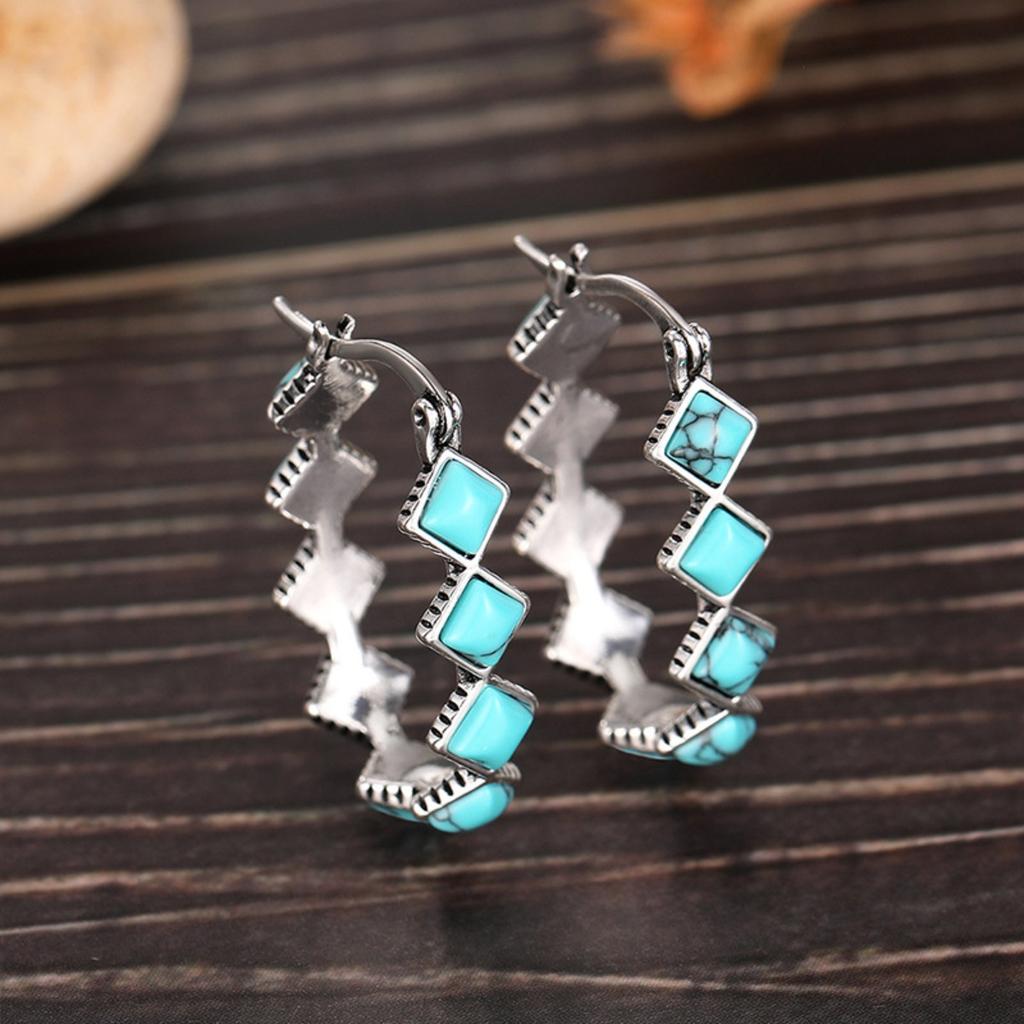 Retro Boho Geometric Zigzag Turquoise-Tone Hoop Earrings
