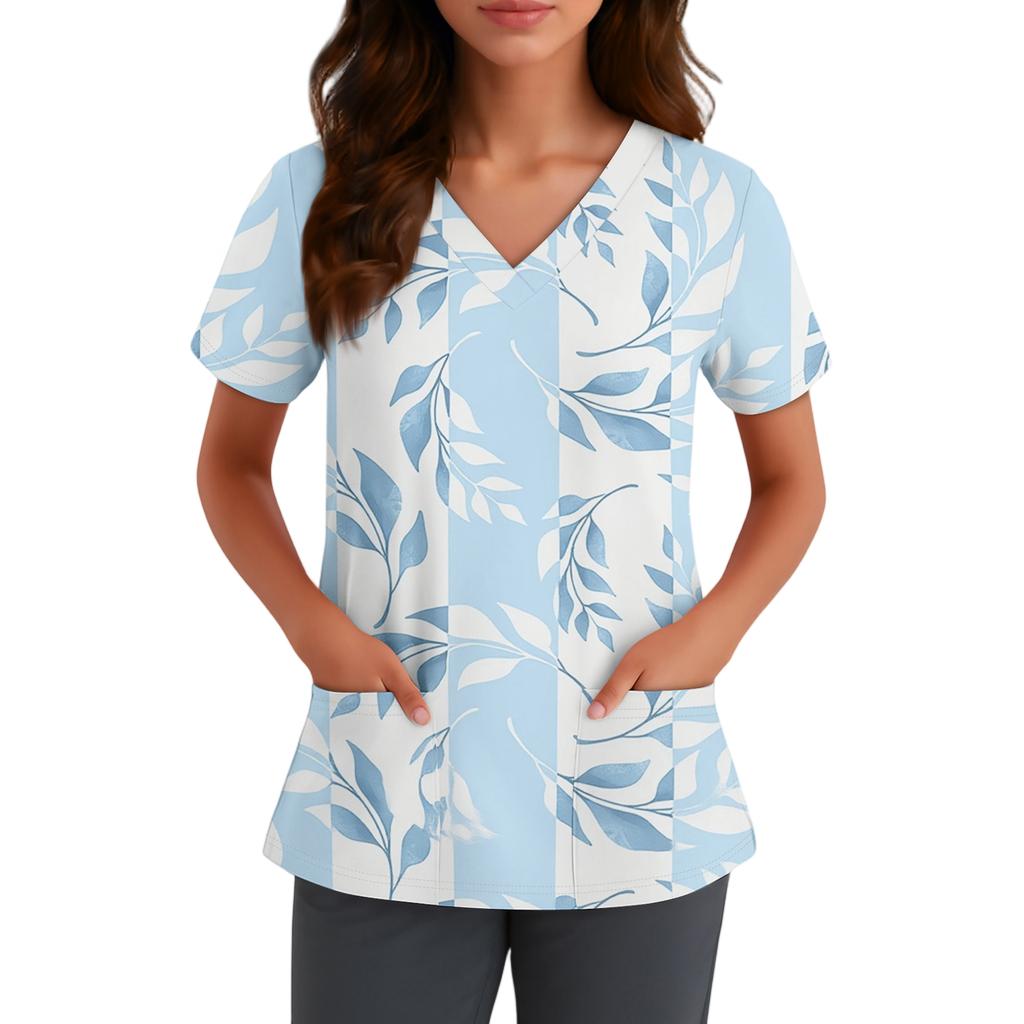 Women's Cute Bow Printed Work Clothes V-neck Double Layer Pockets Basic Short Sleeve Top Pullover
