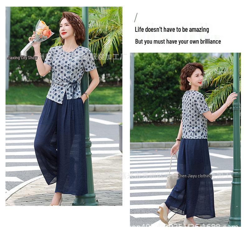 Mother's Summer Outfit: Elegant Short-Sleeve T-Shirt & Wide-Leg Pants Set for Mature Women