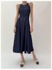 Washed Denim Waist-Defining Big Swing Long Sundress