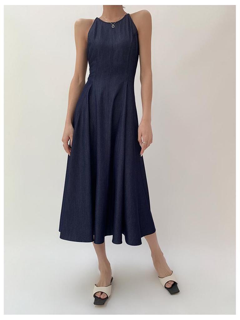Washed Denim Waist-Defining Big Swing Long Sundress
