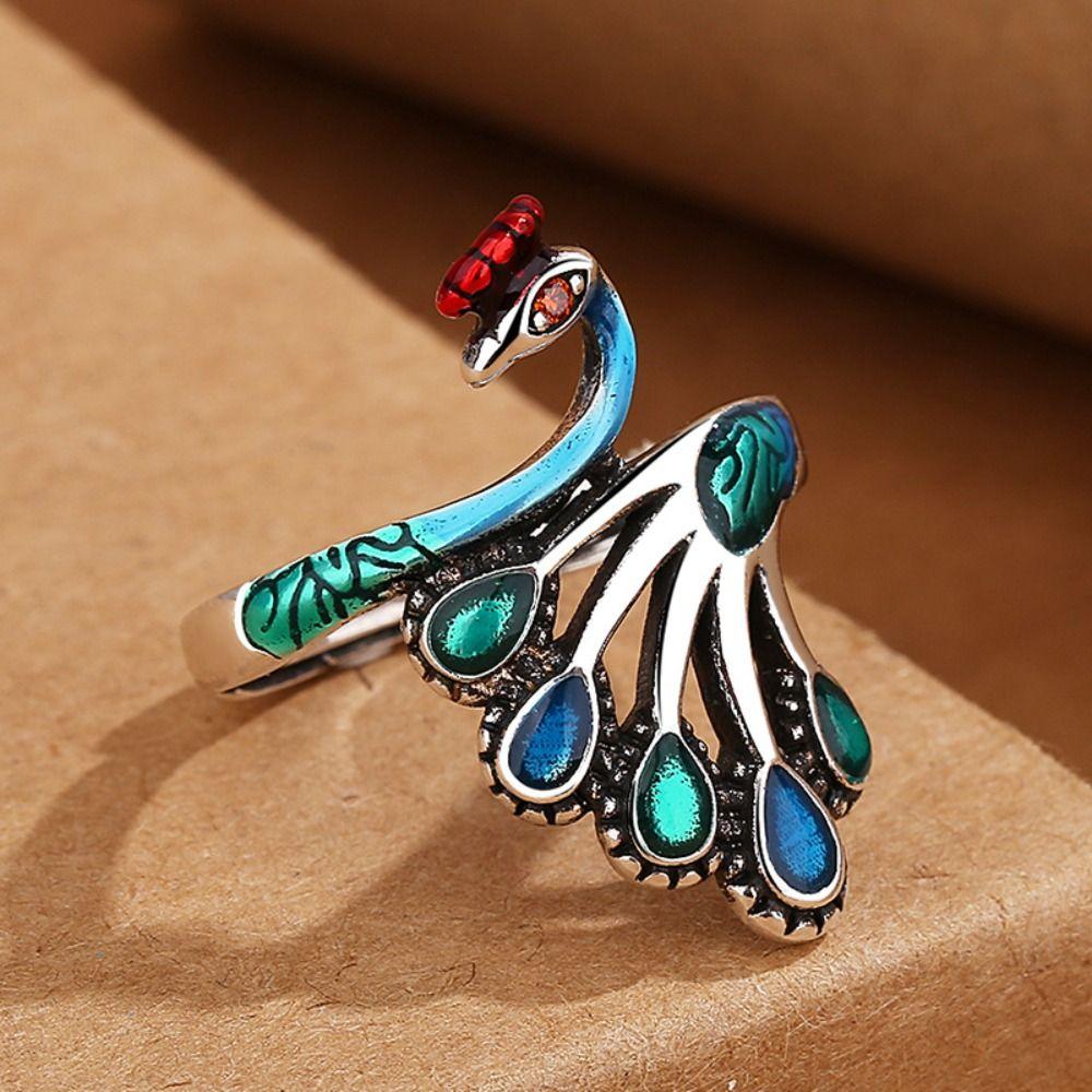Exaggerated Women Finger Rings Peacock Enamel Retro Ring Fashion Open Rings  Girls