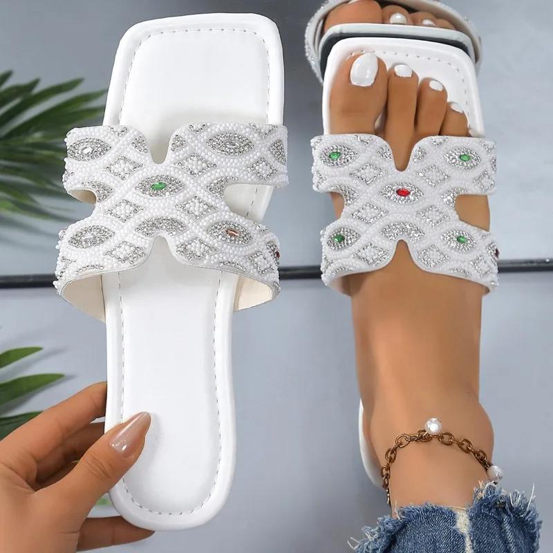 Mode Sandalen mit eckiger Zehenpartie für Damen 2025 Neue Übergrößenschuhe Damenmode Kristall Zehenfrei Damen-Slipper Outdoor Flache Slipper Damen