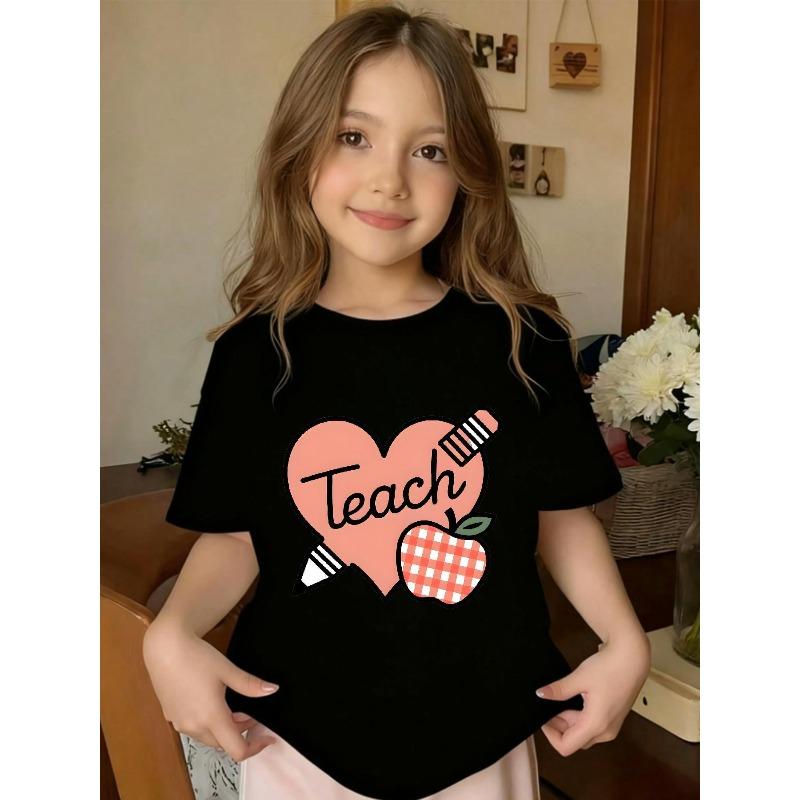 European sizes Cute Heart and Plaid Apple Print Summer T-shirt for Girls | Casual Crew Neck, Regular Fit, Perfect for Outings