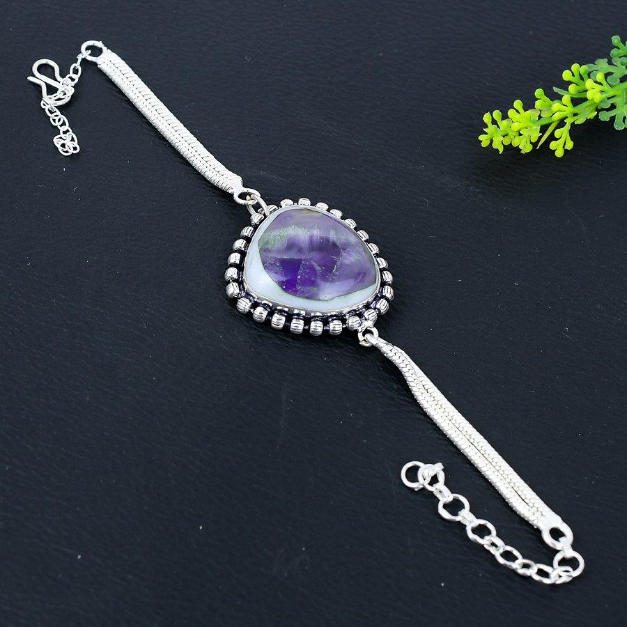 Natural Super Amethyst 23 Gemstone 925 Sterling Silver Bracelet 7-8" P3W22