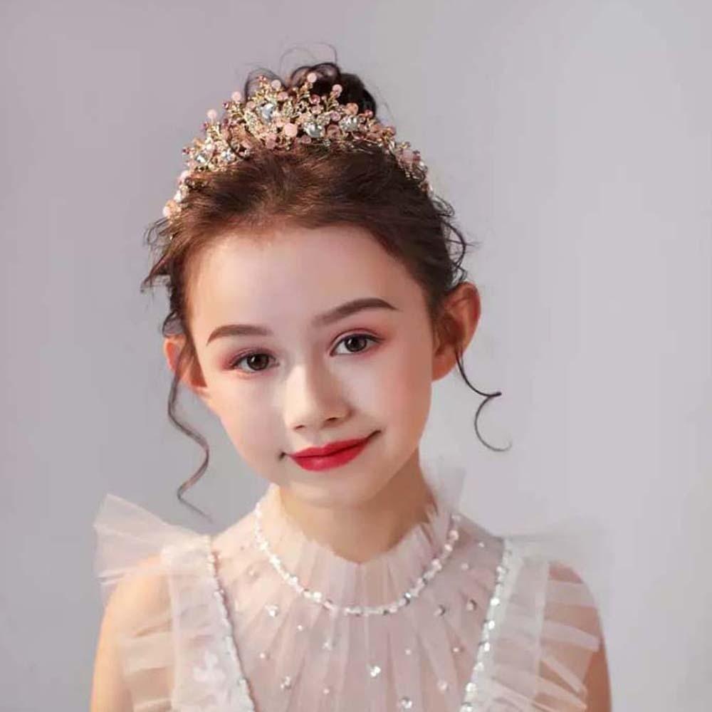 Shiny Pink Floral Crown Elegant Princess Rhinestone Tiara Trendy Crown Hair Accessory Women