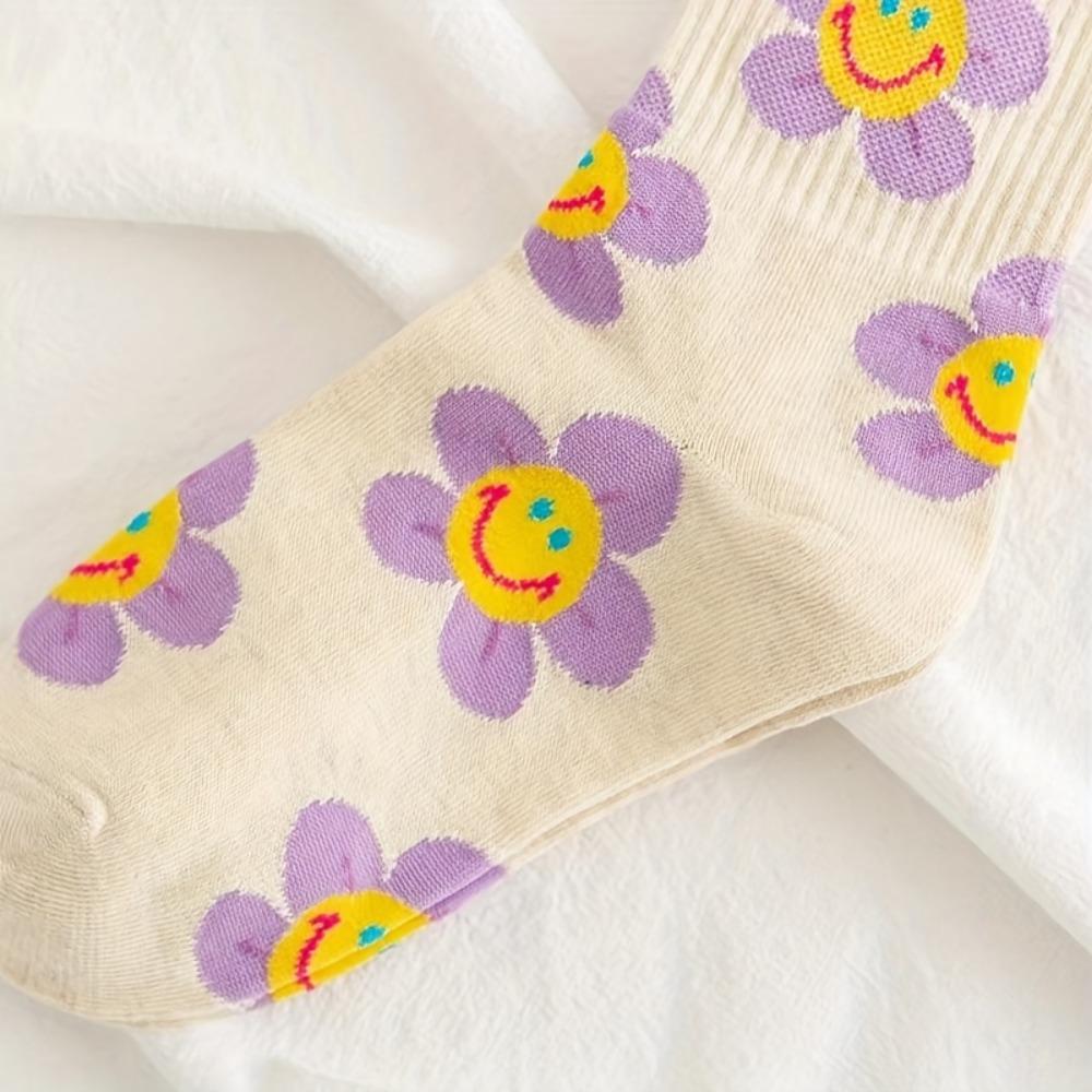 5 Pairs Women's Cute Crew Socks Set, Plus Size Floral Pattern Ribbed Knit Breathable Mid-calf Socks