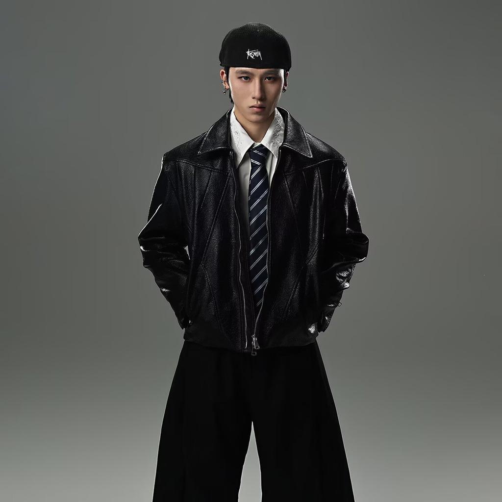 American retro design premium short shoulder leather jacket men's spring and autumn sense locomotive ruffian handsome cleanfit jacket