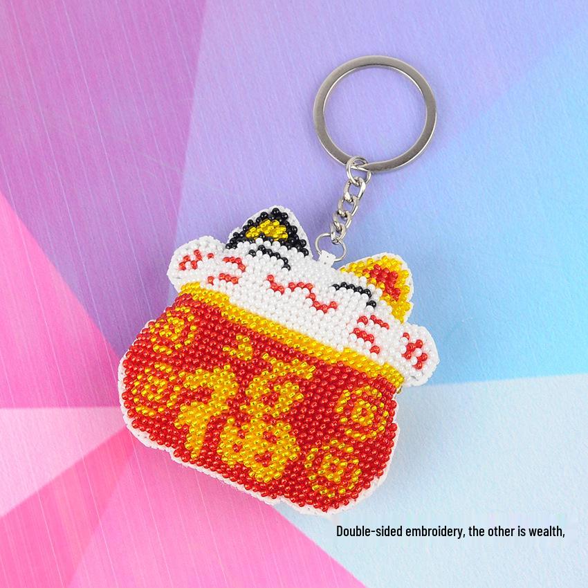 Lucky Fu Cai Cat Keychain: Red & Blue Plaid Beaded Embroidery Kit