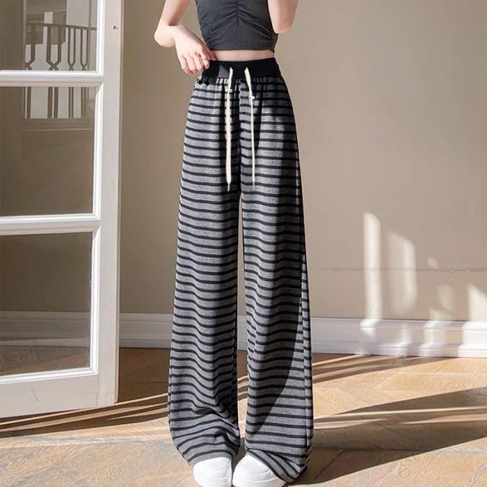 Women's High Waist Striped Wide-Leg Pants - Spring/Autumn Slimming Casual Mop Pants, Available In Small To Plus Sizes.