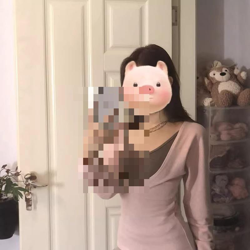 

Women s Slim-Fit Pink-Brown V-Neck Long-Sleeve Faux Two-Piece T-Shirt – Stylish Waist-Cinching Base Layer for Autumn & Winter. S