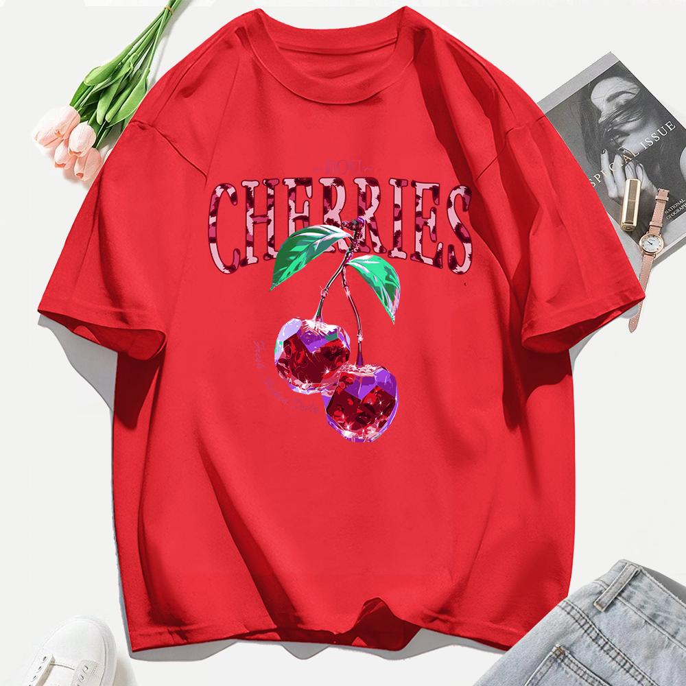 Crystal Cherries Printing Tee Shirt Woman Summer Cotton Tee Tops O-Neck Casual T Shirts Oversized All-Match Short Sleeve