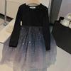Children's Dress Girls' Long Sleeved Fluffy Dress Splicing Gradient Starry Sky Gauze Dress