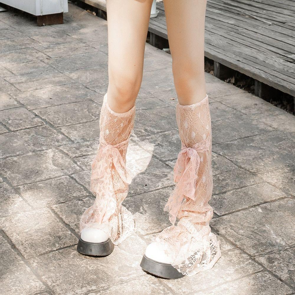 Transparent JK Calf Long Socks Lace-up Bow Mid-tube Stockings Y2k Loose Stockings  Spring Summer
