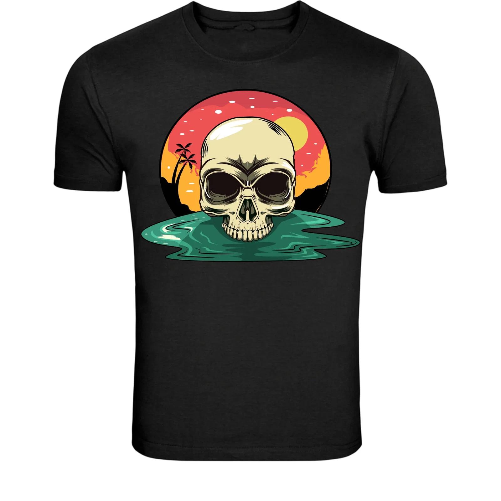Sunset Skull Beach T-Shirt - Tropical Skeleton Summer Graphic Tee XL