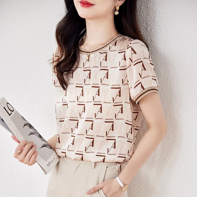 

Модная дизайнерская шелковая футболка, топ с коротким рукавом, круглый вырез, с принтом, темпераментная, красивая, из шелка тутового дерева, женская 2XL