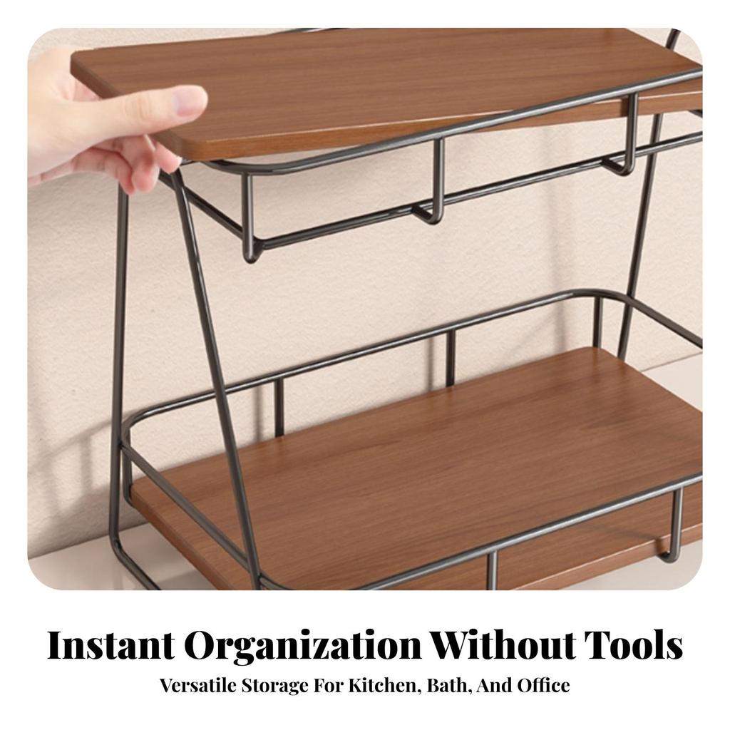 Two-Tier Desktop Storage Rack storageSaving Iron and Wood Shelf Organizer