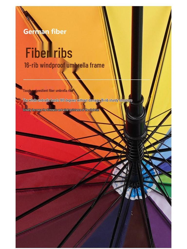 Large 16-Ribbed Rainbow Umbrella with Curved Handle and Custom Logo Option - Black Glue Coating
