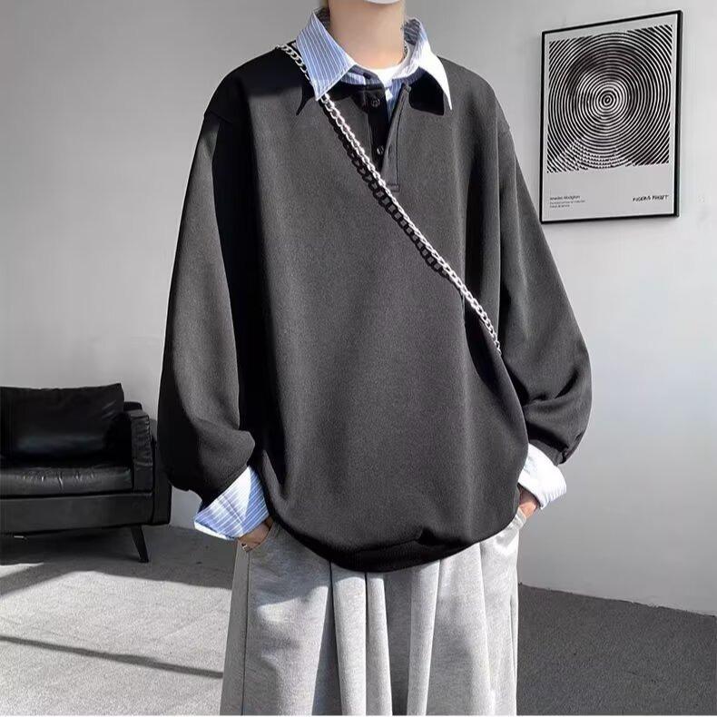Men s Korean-Style Faux Two-Piece Denim Shirt Collar Patchwork Polo Hoodie XXXL