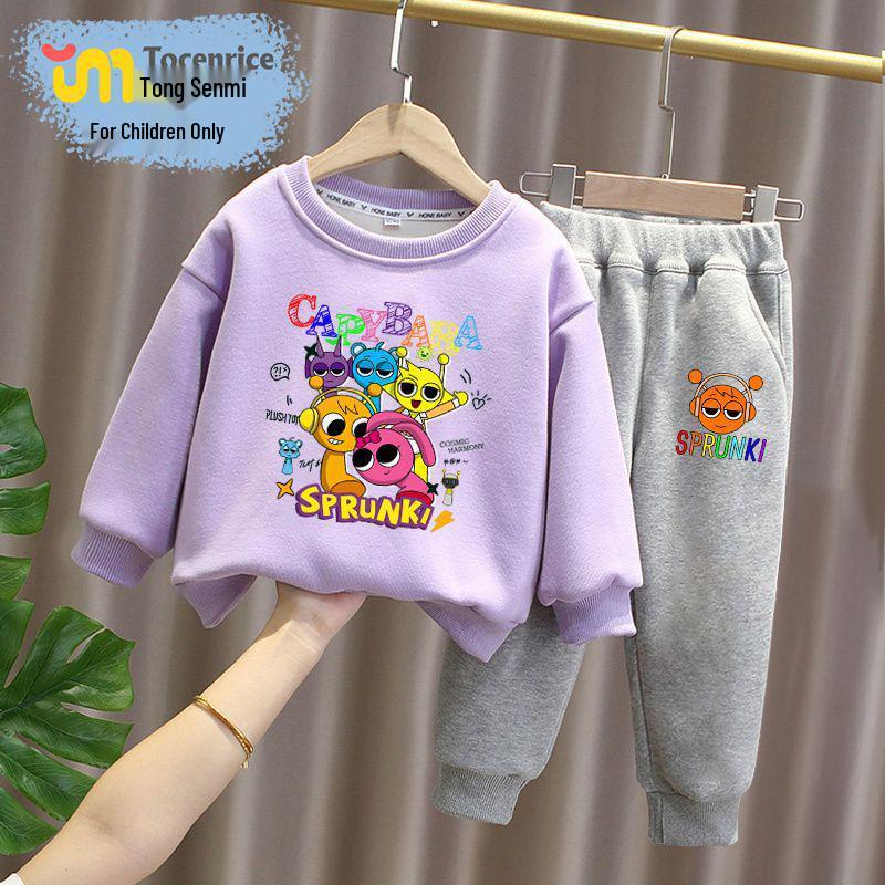 Sprunki Rhythm Box Kids' Plus Velvet Hoodie Set, Unisex, Warm Two-Piece for Autumn/Winter